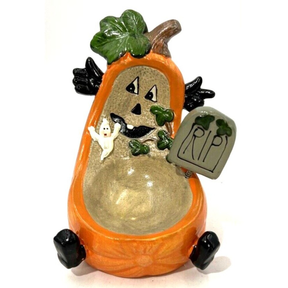 Vtg Ceramic Halloween Pumpkin Tealight Votive Candle Holder Ghost RIP Tombstone